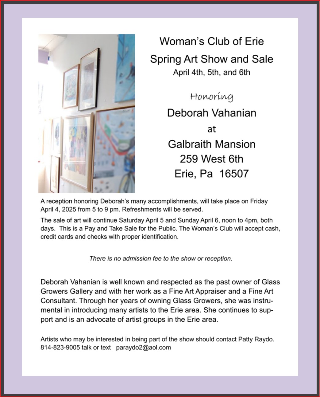 Woman's Club of Erie Spring Art Show and Sale honoring Deborah Vahanian